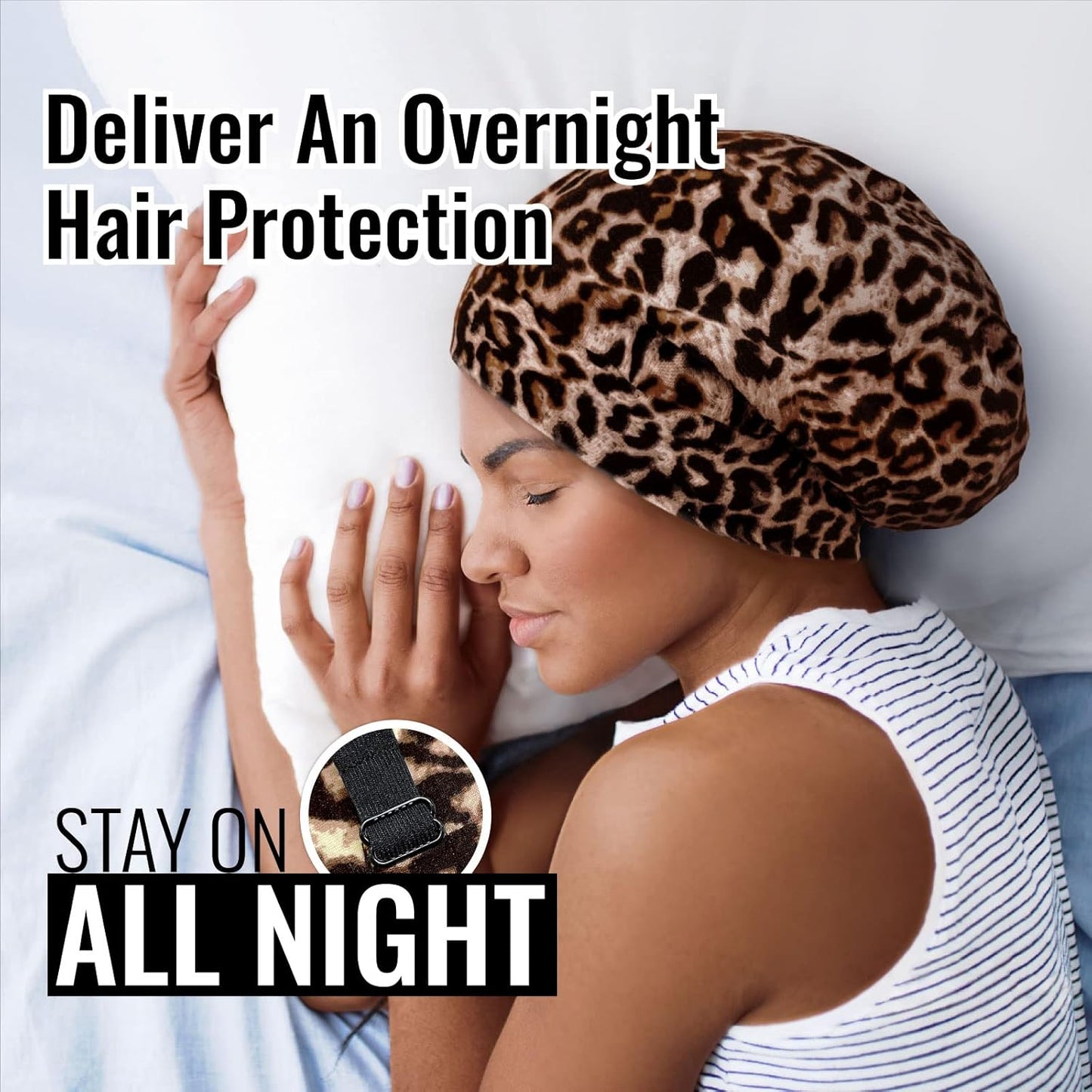 Satin Lined Sleep Cap Bonnet for Curly Hair and Braids, Stay On All Night Hair Wrap with Adjustable Strap for Women and Men, Brown Leopard, Pack of 1