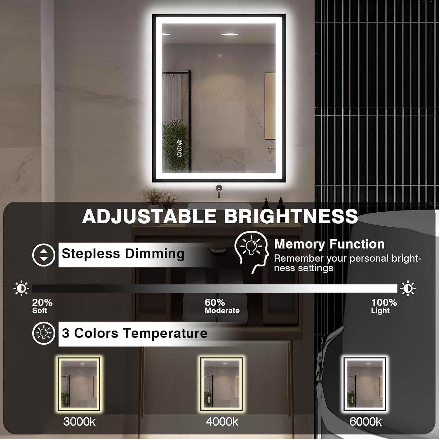 30x36 LED Bathroom Mirror with Lights - Black Framed, Front and Backlit Mirror, Anti-Fog Vanity Mirror with Lights,Stepless Dimmable LED Mirror, 3 Colors Smart(Horizontal/Vertical)
