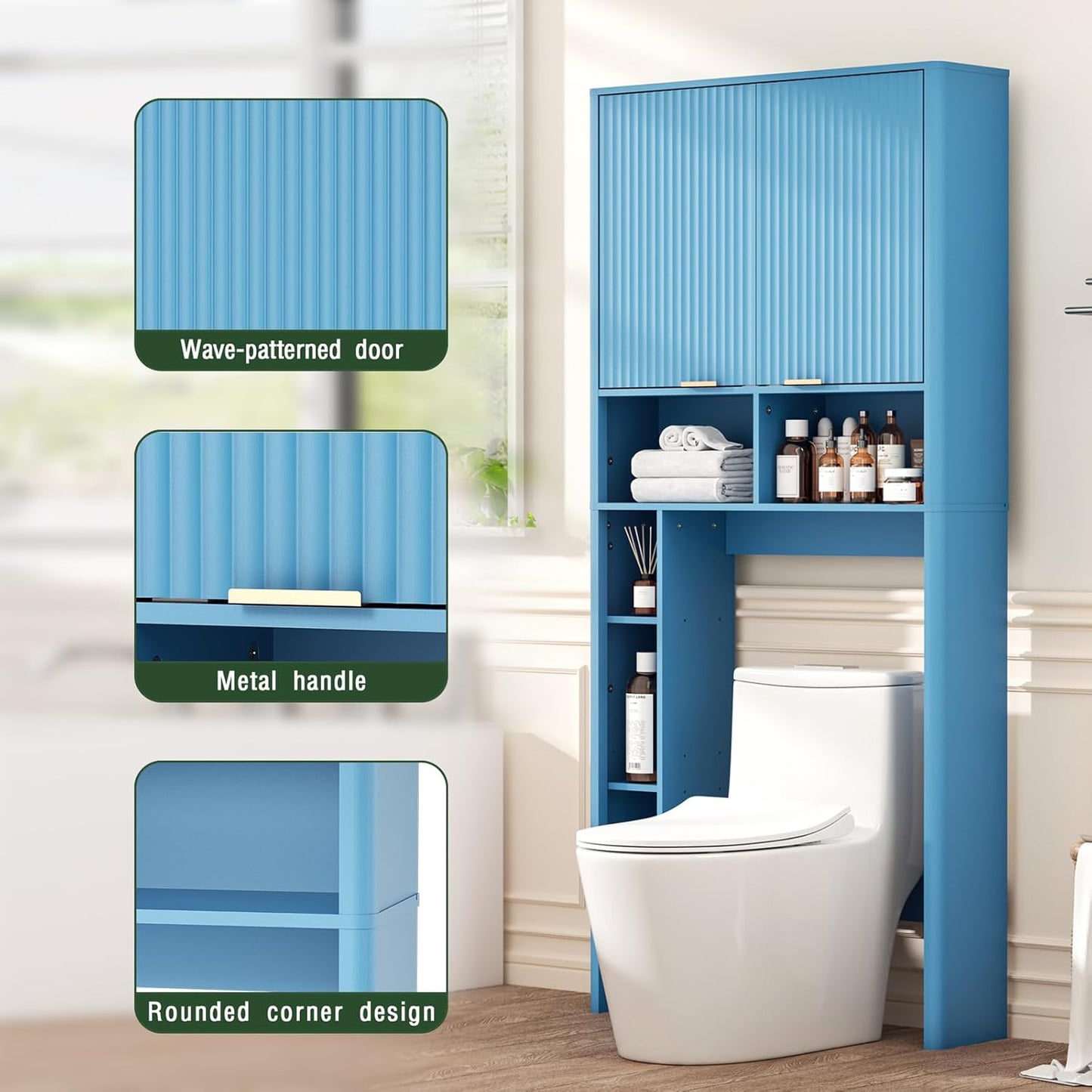 31" W Over The Toilet Storage Cabinet with Fluted Door, Blue Bathroom Organizer with Adjustable Shelf, Toilet Paper Holder Stand Wave Door for Restroom, Laundry Room