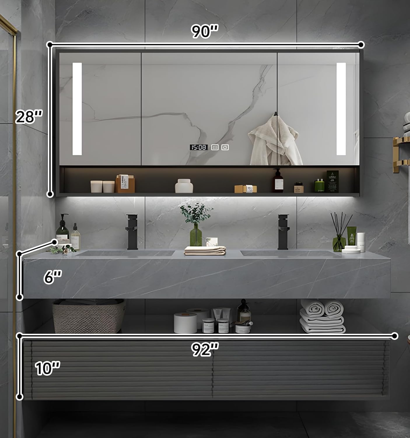 Double Sink Bathroom Vanity, Floating Bathroom Vanity with LED Smart Defogging Mirror and One-Piece Sink, Modern Bathroom Vanities with Open Floating Shelf, Rock Countertop & Faucet (Grey,92")