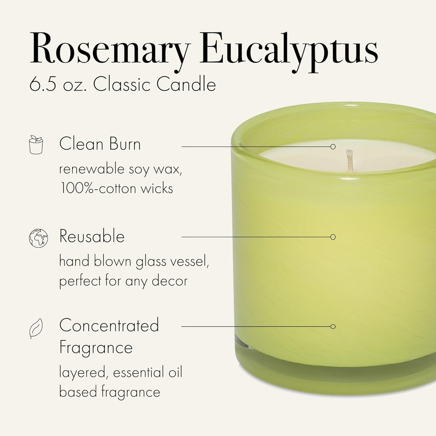 LAFCO New York Classic Candle, Rosemary Eucalyptus - 6.5 oz - 50-Hour Burn Time - Reusable, Hand Blown Glass Vessel - Made in The USA