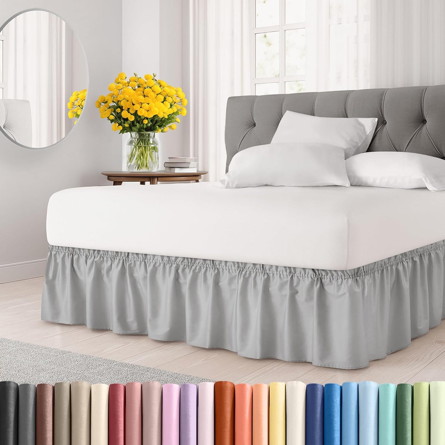 Wrap Around Dust Ruffle Bed Skirt - Light Grey - for Twin Size Beds w/ 16 Inch Drop - Easy Fit Elastic Strap - Adjustable Pleated Bedskirt with Brushed Fabric, Wrinkle Free Women, Men, Kids and Teens
