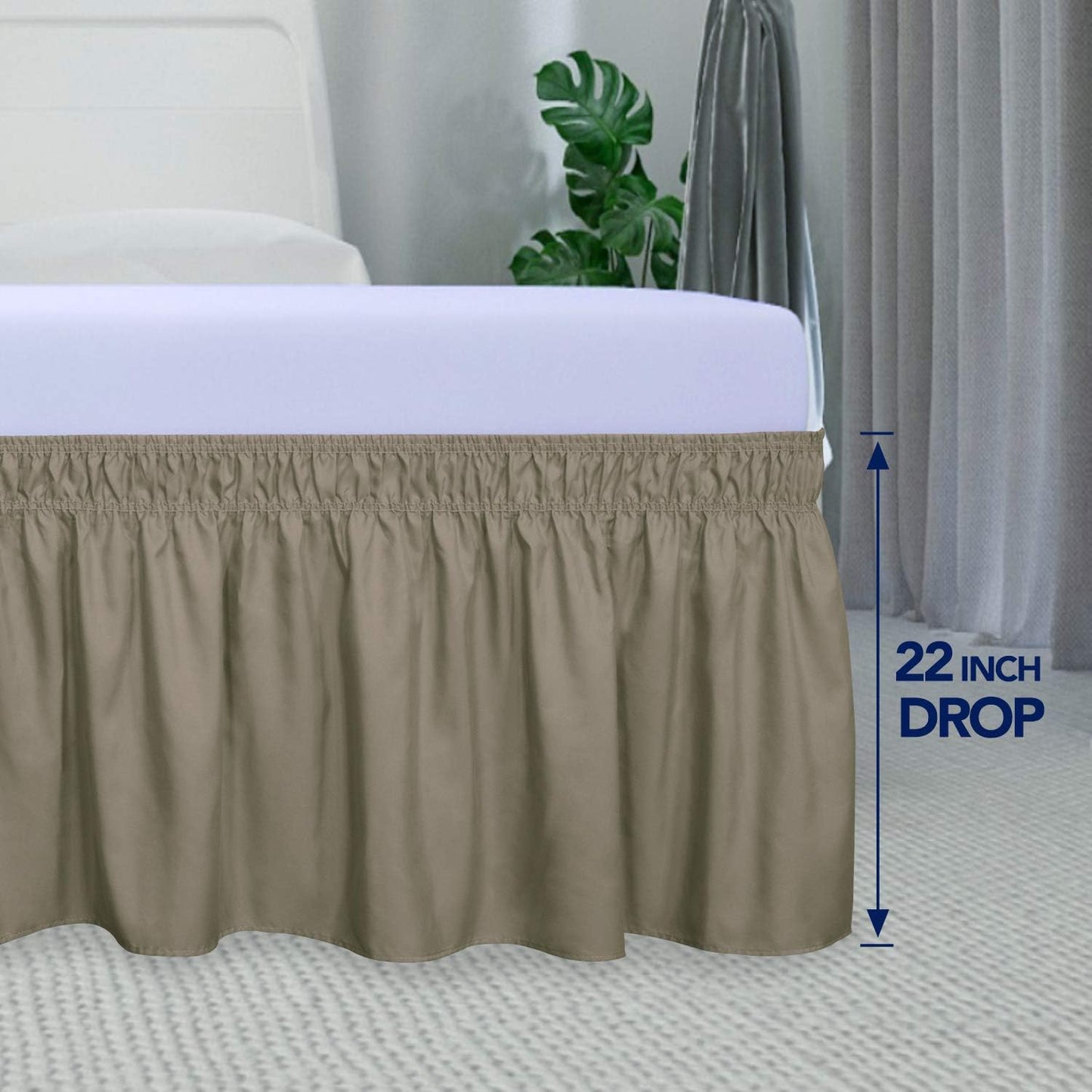 PureFit Wrap Around Ruffled Bed Skirt with Adjustable Elastic Belt - 22 Inch Drop Easy to Put On, Wrinkle Free Bedskirt Dust Ruffles, Bed Frame Cover for Twin,Twin XL and Full Size Beds, Sand