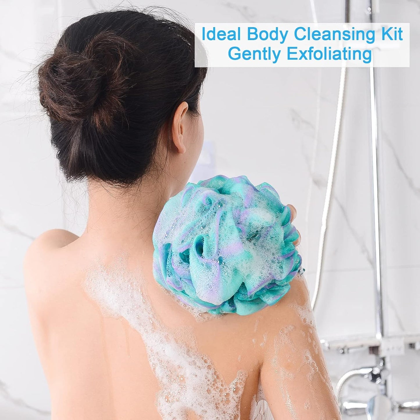 AmazerBath Loofah Sponge 60g/Piece, Exfoliating Bath Sponge Body Scrubber - Loofa Set of 4 Flower Color (Green-Purple)