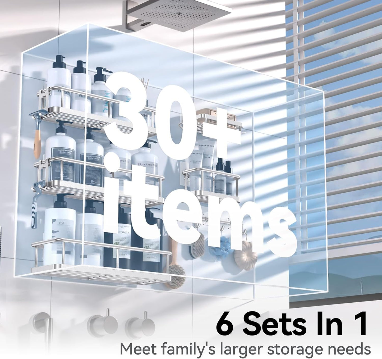 YASONIC Shower Caddy, Large Capacity Bath Organizer with Soap Holder and 12 Hooks, 6 Pack Rustproof Bathroom Shelves for Inside Shower, No Drilling&Sleek Bathroom Organizers and Storage Silver