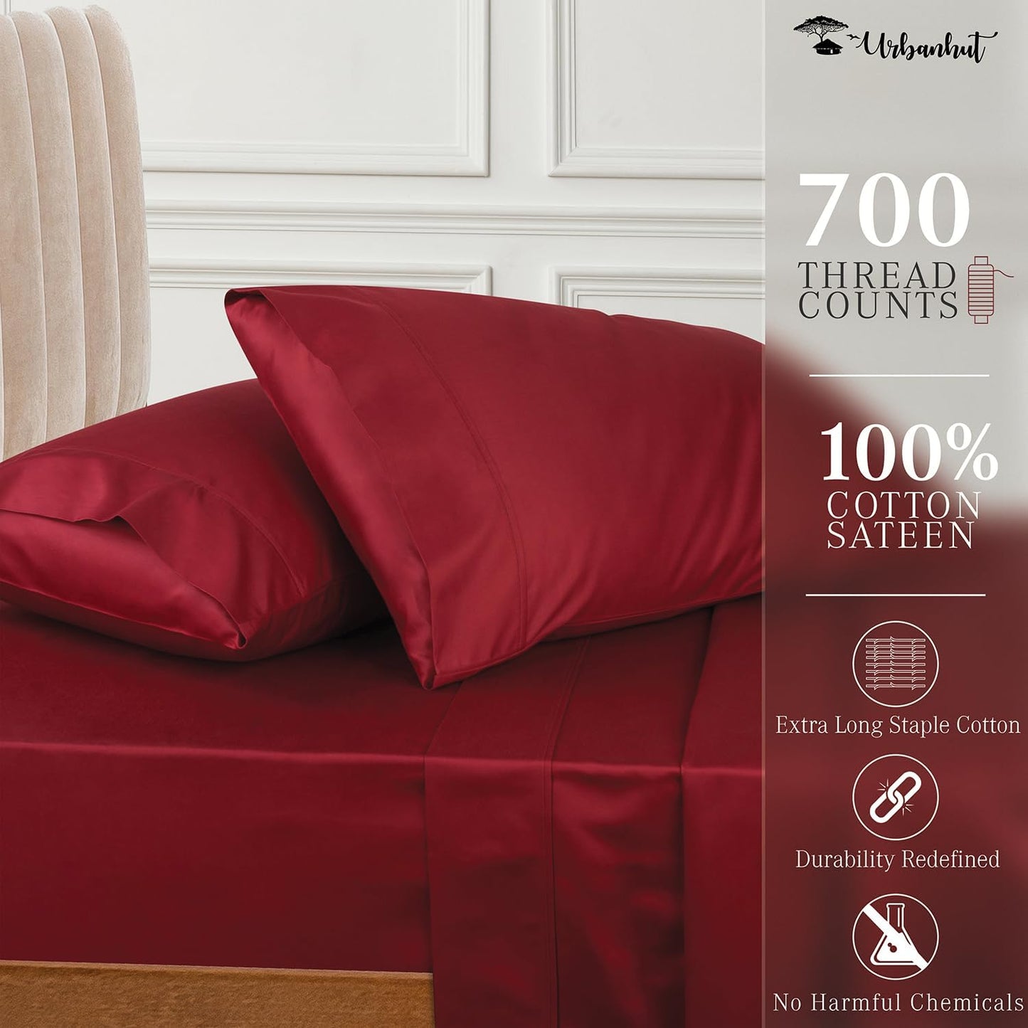 URBANHUT 700 Thread Count Egyptian Cotton California King Sheets, 4Pc Sheet Set Soft Luxury Bed Sheets for Cal King Size Bed, Sateen Weave Hotel Sheets, 16'' Elasticized Deep Pocket - Burgundy