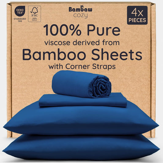 Bambaw 4 PCS - Full 100% Viscose Derived from Bamboo Cooling Sheet Set, Navy Blue