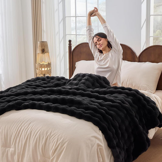 Fluffy Cozy Fuzzy Plush Bubble Blanket - Luxury Faux Rabbit Fur Throw Blanket Thick Warm Decorative for Bed, Sofa (King Size 108''x90'', Black)