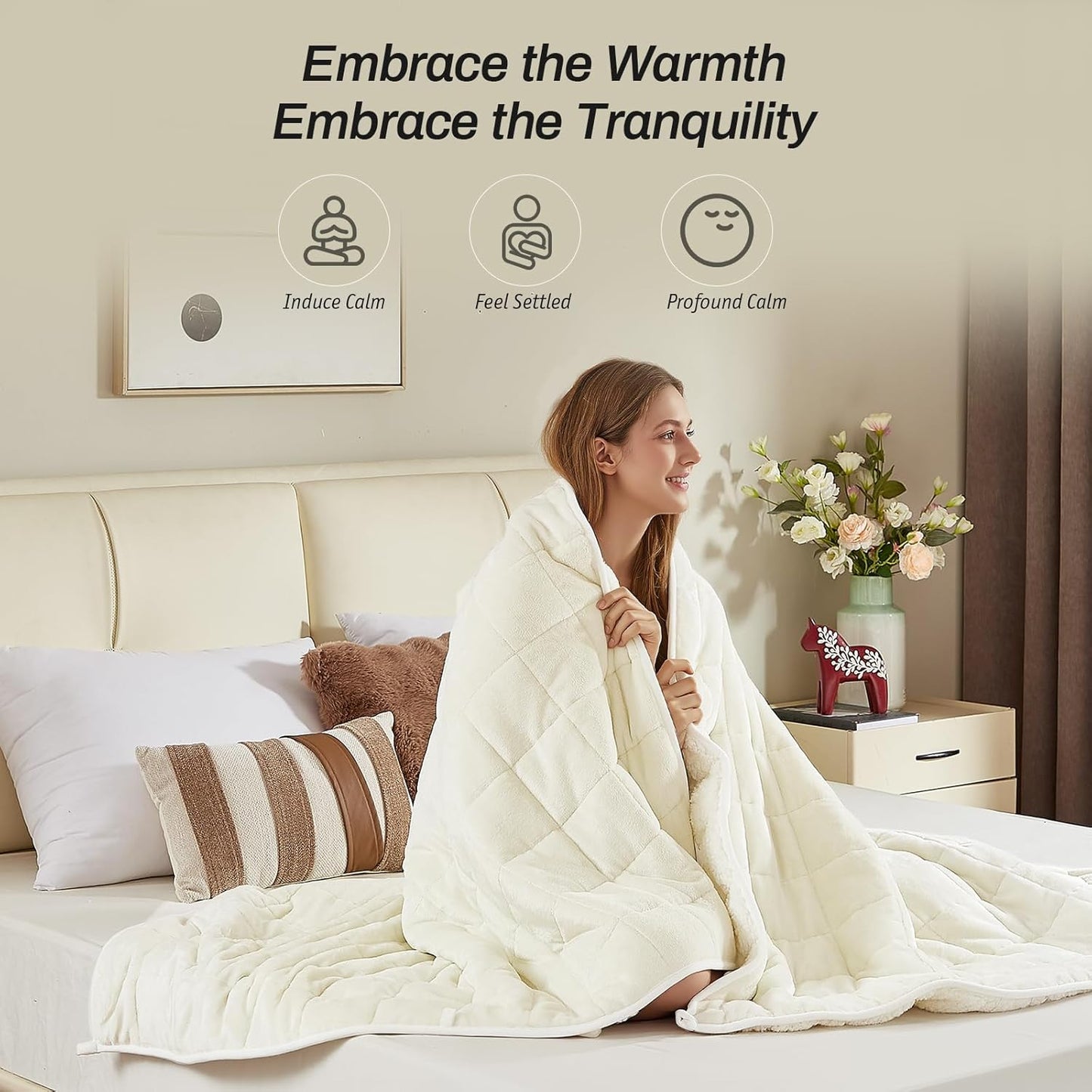 Sherpa Fleece Adult Weighted Blanket, 15 Pounds Dual Sided Soft Plush Blanket for Couch Bed Sofa, Heavy Thick Blankets with Glass Beads Great for Sleep, 48 x 72 inches, Cream White on Both Sides
