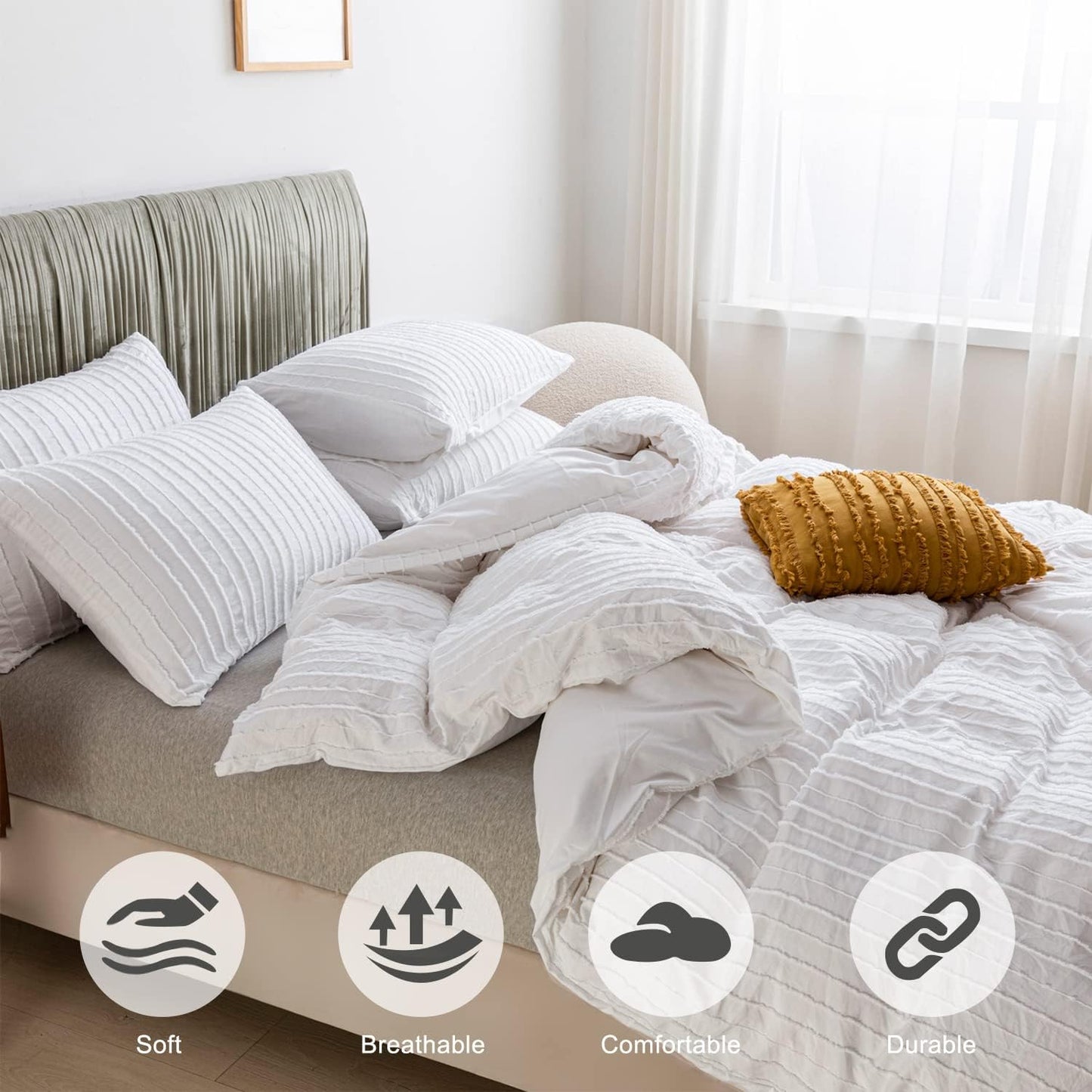 JELLYMONI Duvet Cover King Size Bright White - 3PCS Boho Striped Duvet Cover Set Polyester Tufted Bohemian Textured Comforter Cover 104×90in with Corner Ties & Zipper and 2 Pillowcases