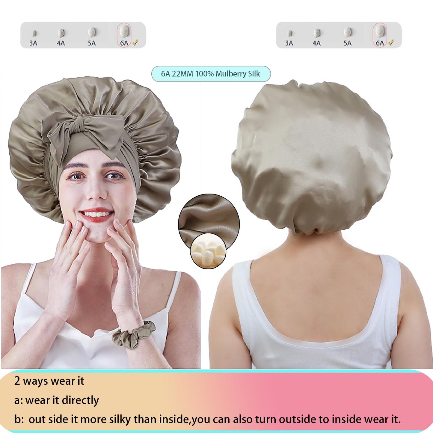Cocheng Mulberry Silk Bonnet for Sleeping Long Silk Bonnet for Curly Hair Braids Cap for Women Silk Cap with Tie Band