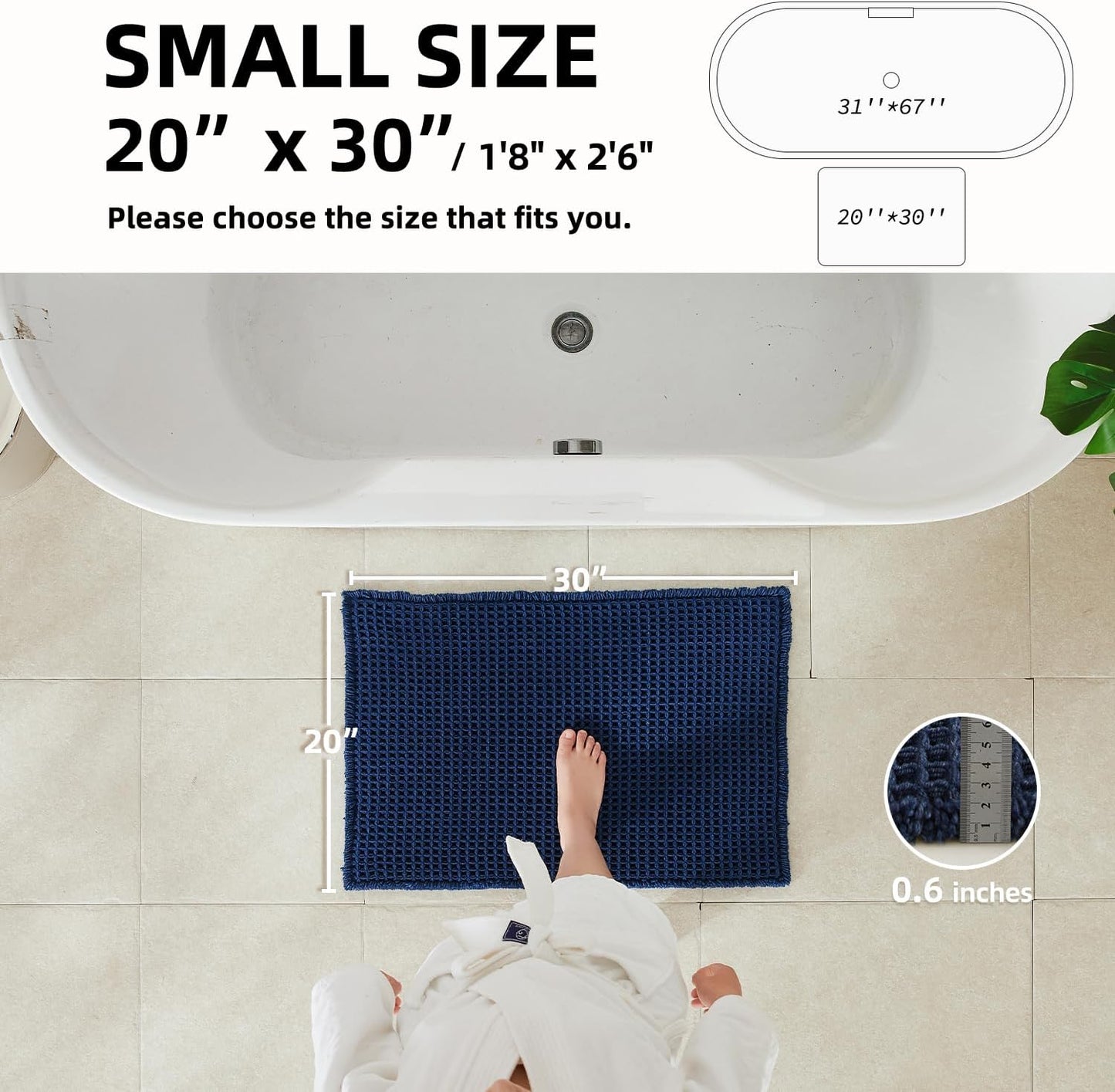 Waffle Bath Mat, Boho Bathroom Rugs Non Slip Washable Super Absorbent Quick Dry Bath Mat Farmhouse Bathroom Decor, 30"x20" Navy Blue
