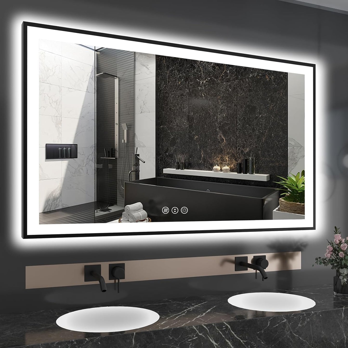 60x36 LED Bathroom Mirror - Black Aluminum Framed (Front and Backlit), Anti-Fog Smart Mirror, Stepless Dimmable, 3 Colors (Horizontal/Vertical)