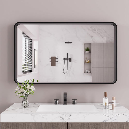 Black Bathroom Mirror 50X30 Inch, Black Metal Framed Mirror for Wall, Rounded Rectangle Matte Bathroom Vanity Mirror with Tempered Glass, Anti-Rust, Horizontal/Vertical