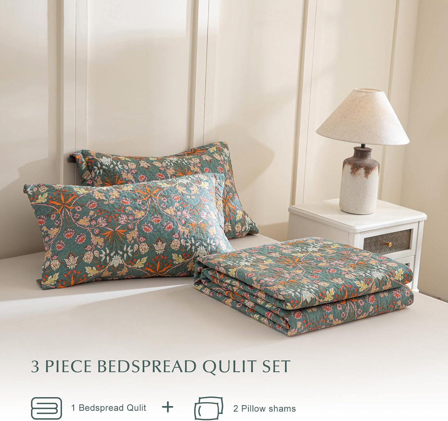 Lady Ann 100% Cotton Floral King Quilt Set - Vibrant Paisley Flowers Pattern Plant Botanical Printed Quilted Bedspread & Coverlet Set, 3 PCS Lightweight Extra Soft King Bedding Cover All Season