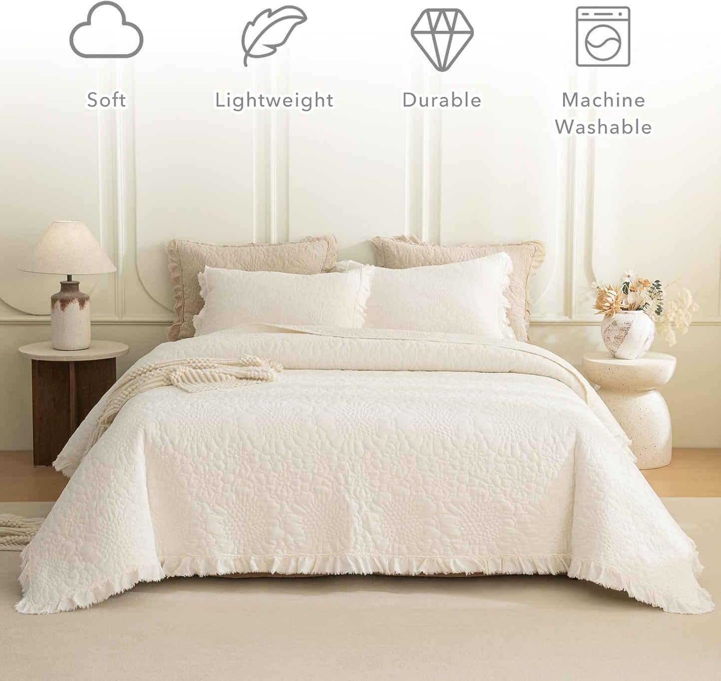 QSH 3PCs Stonewashed Cotton Quilt King (110"x98"),Milk White Ruffled Quilt King Size Bedding Set,Ultra Lightweight Soft Crinkle Bedspread Coverlet King Shabby Farmhouse Chic Bedspreads for All Seasons