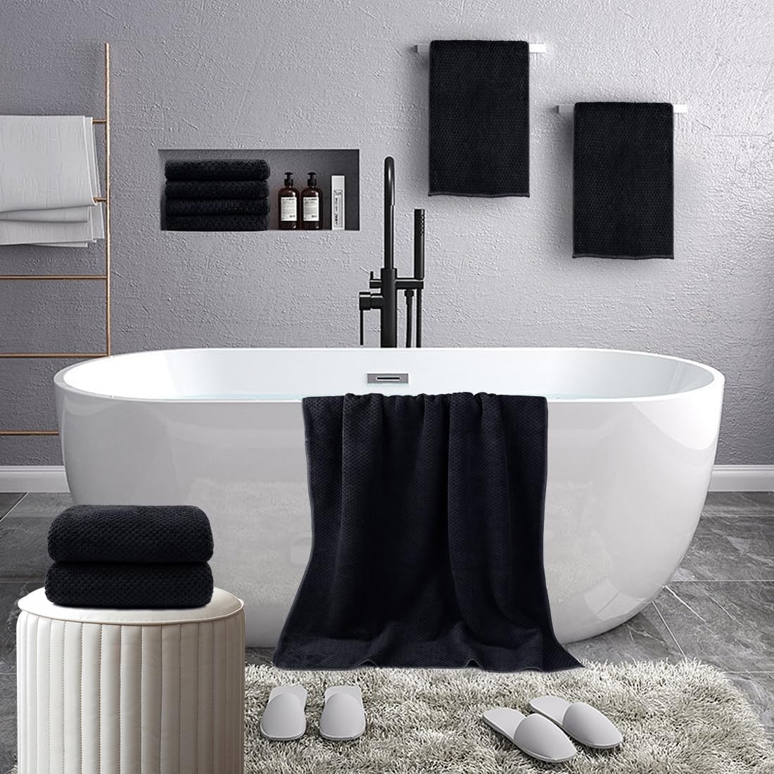 HOMEXCEL 8 Piece Bath Towel Set, Microfiber Bathroom Towel - 2 Bath Towels, 2 Hand Towels, and 4 Wash Cloths, Super Soft, Highly Absorbent Towels for Bathroom, Gym, Hotel, and Spa (Black)