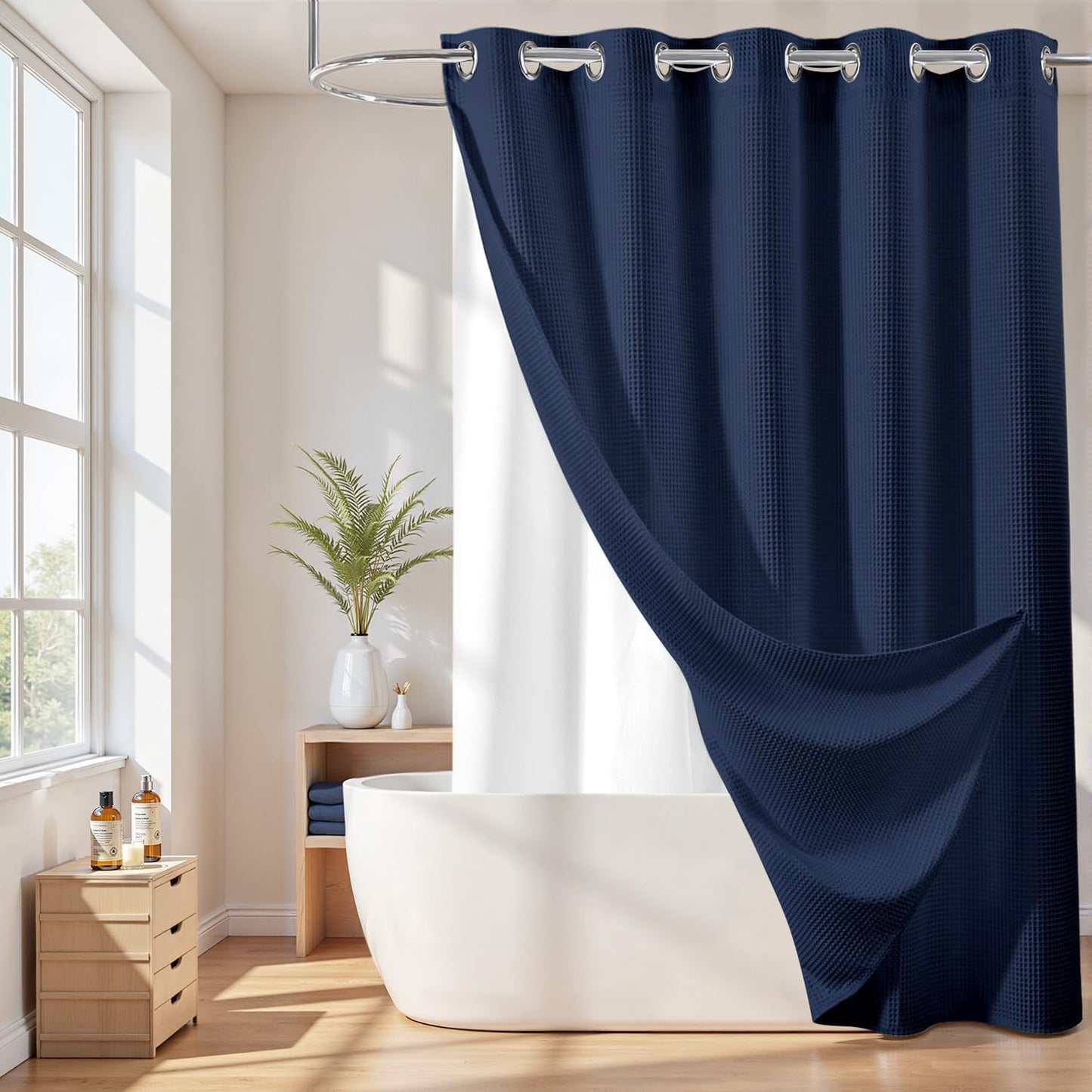 River Dream Hotel Grade No Hooks Needed Shower Curtain with Snap in Liner,Water Repellent, Machine Washable (Navy Blue, 71"x74"(W/Liner))