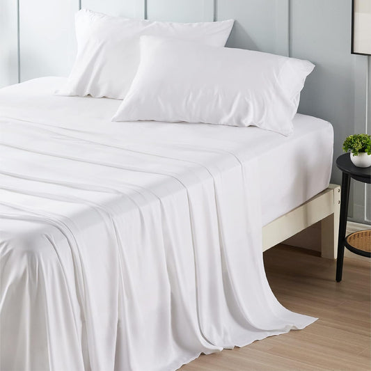 Bedsure Cooling Sheets Twin XL, Rayon Derived from Bamboo, Breathable & Soft Twin XL Sheet Sets, Deep Pocket Up to 16 Inches, Hotel Luxury Silky Dorm Bedding for Hot Sleepers, White