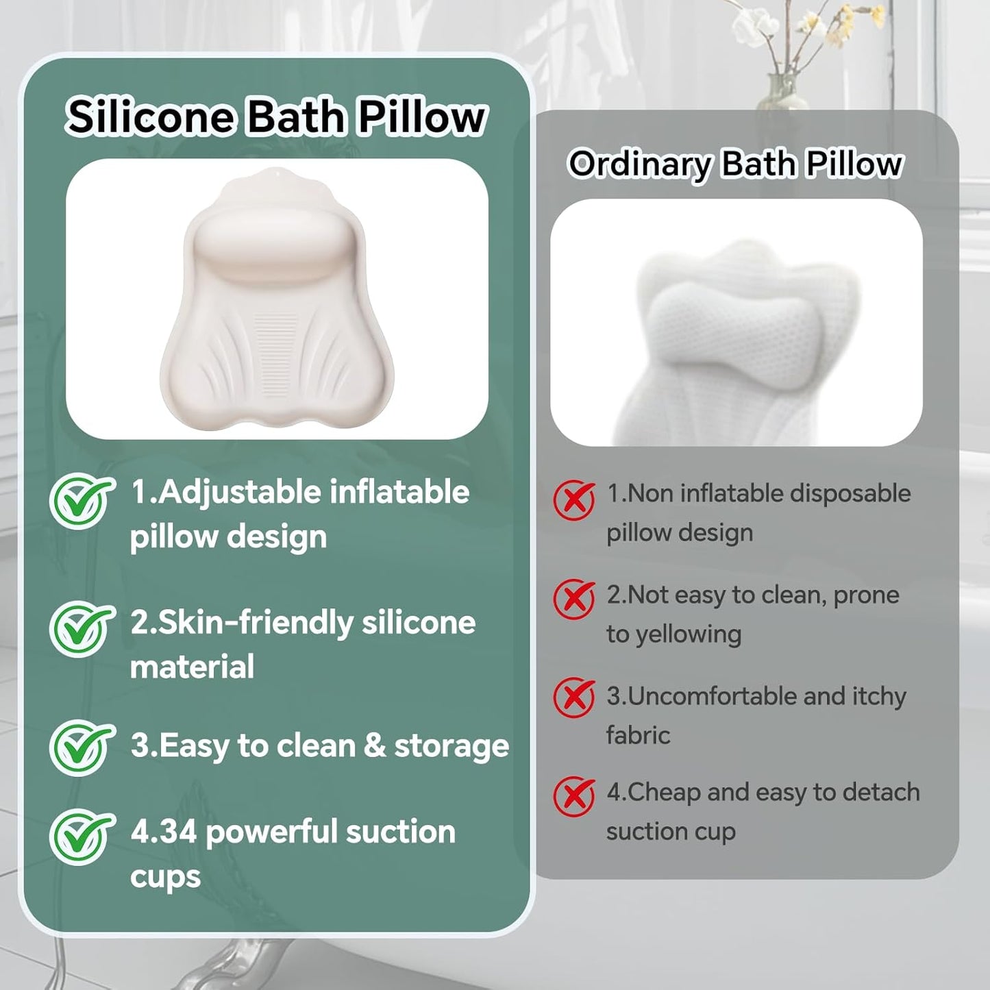 Silicone Bath Pillow for Tub Adults, 4D Air-Cushion Bathtub Pillow for Head Neck and Back Support, Non-Slip Suction Cups, Quick-Drying Waterproof Spa Pillow, Easy to Clean & Store