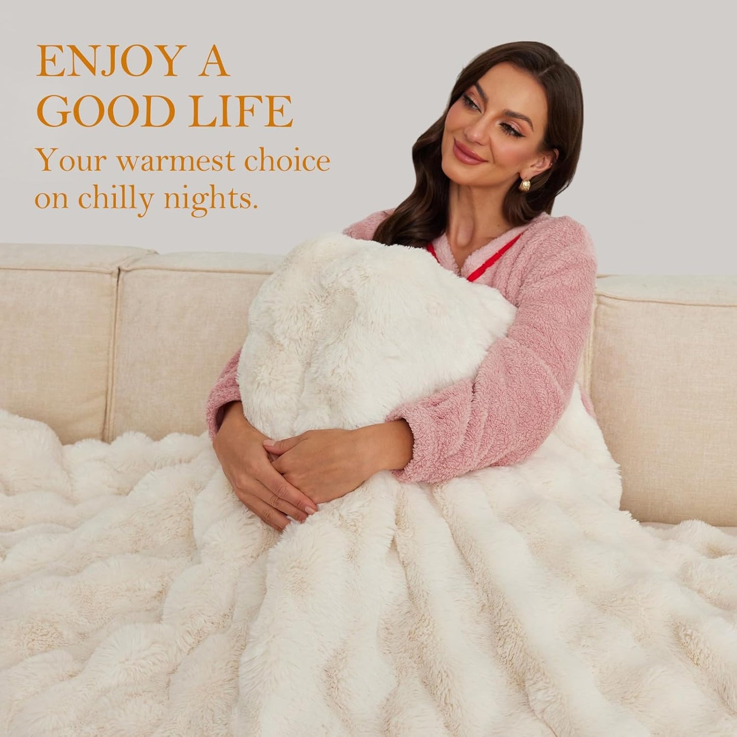 Faux Rabbit Fur Electric Blanket Throw 51"x63" – Heated Blanket with 5 Heat Settings, Timer & Digital Display, Fast Heating, Machine Washable Bubble Plush Heating Throw（White