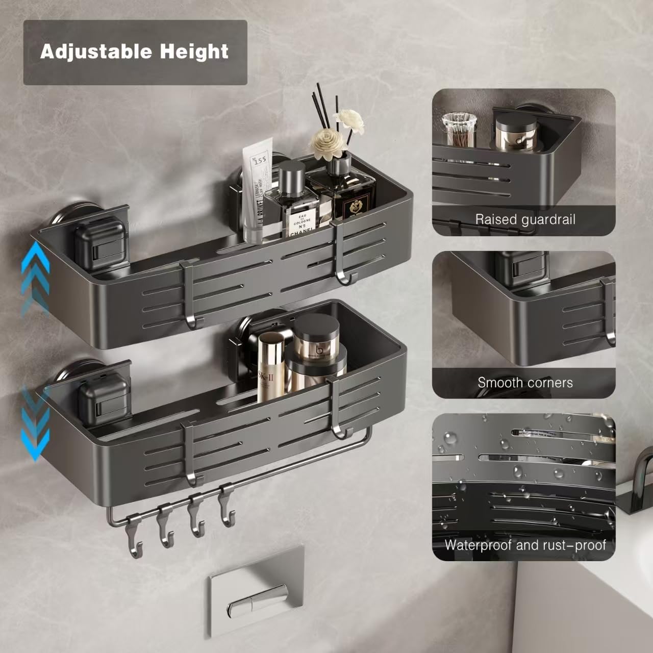 Voldra Shower Caddy Suction Cup, 1 Pack Shower Shelves for Inside Shower No Drilling, Aluminum Suction Showers Organizer with Towel Bar & Hooks Removable Bathroom Shelf Storage Rack(Gray)