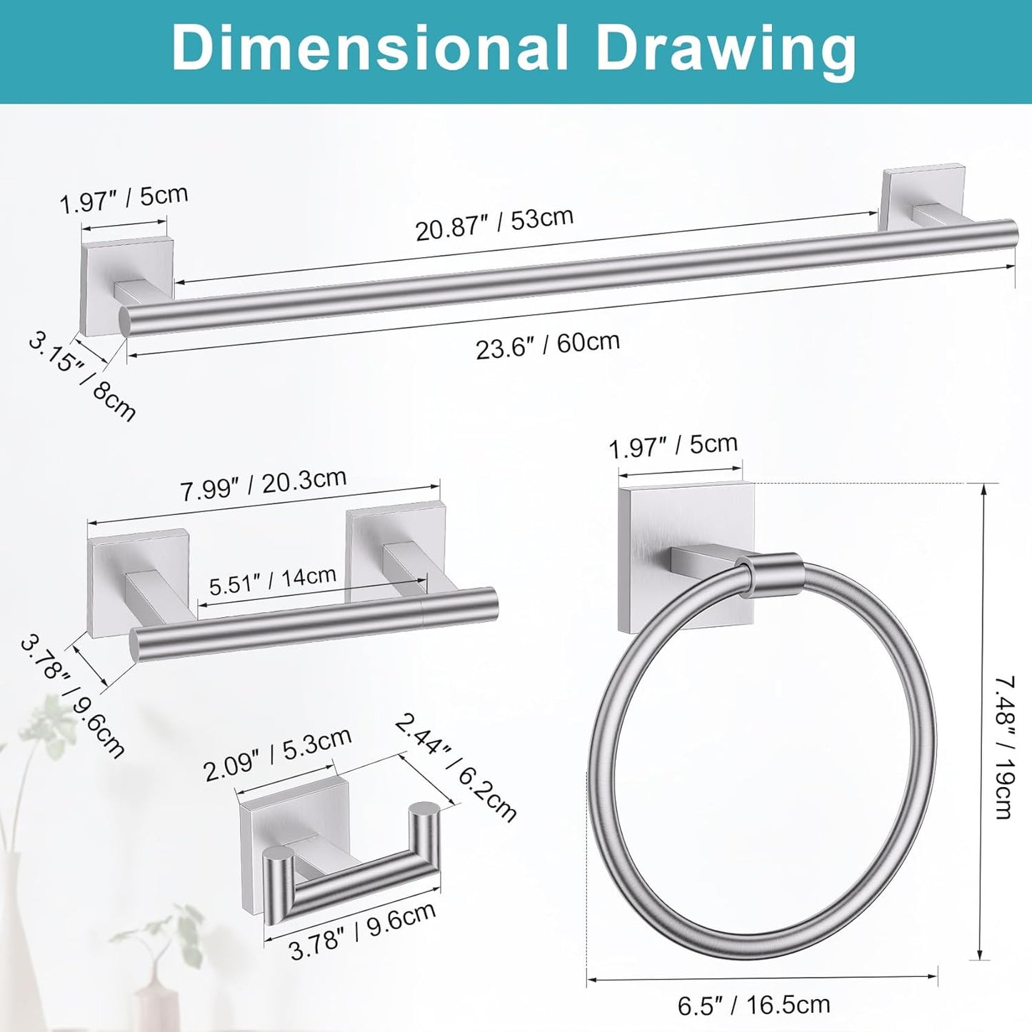 Brushed Nickel Bathroom Hardware Towel Bar Set, 5 Pieces Double Dase Toilet Paper Holder Bathroom Hardware Set, 23.6 Inch Stainless Steel Towel Racks for Bathroom Wall Mounted