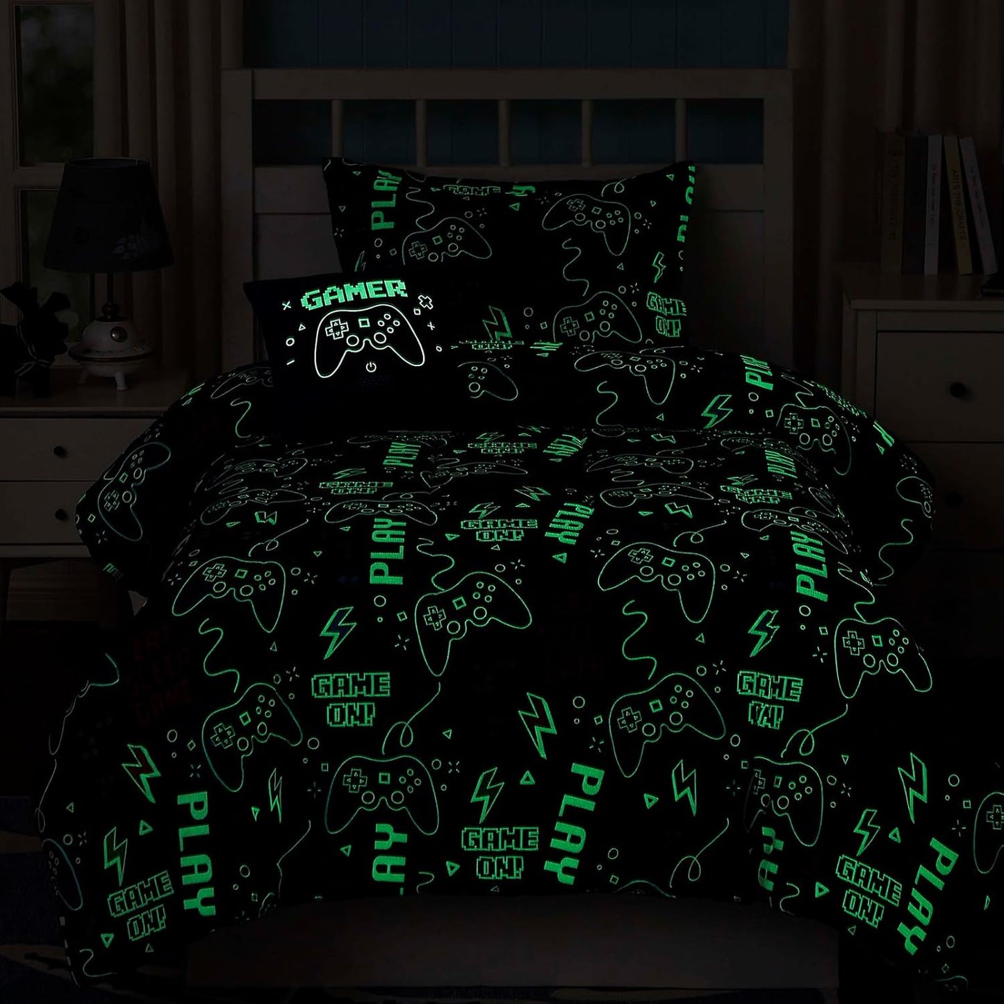 Twin Comforter Set for Boys-3 Pieces Gamer Glow in The Dark Twin Bedding Sets for Kids,1 Comforter,1 Sham and 1 Decor Pillow