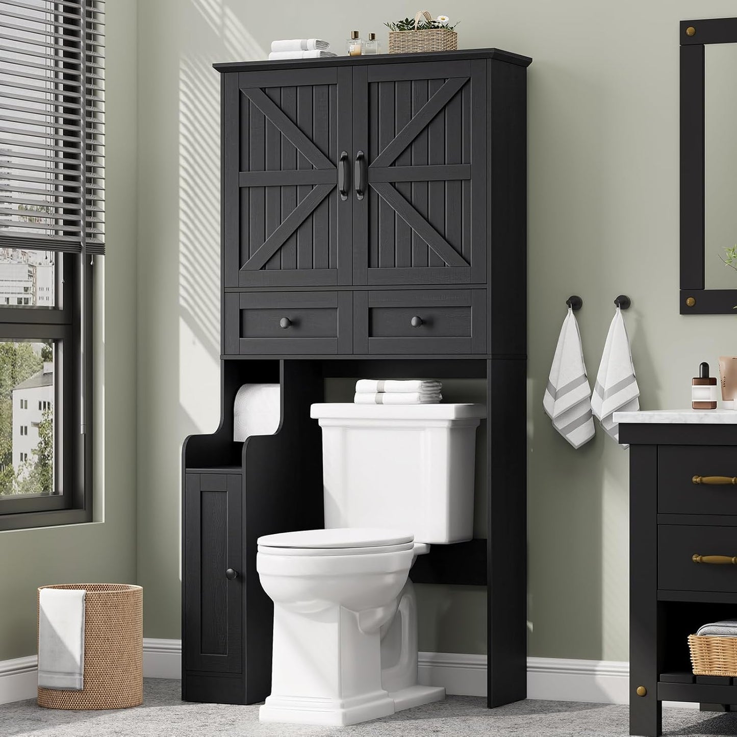 Over The Toilet Storage Cabinet, Storage Cabinet Over Toilet with Double Doors & Toilet Paper Holder Stand, Freestanding Toilet Shelf Space Saver with Anti-Tip Design & Adjustable Shelf, Black