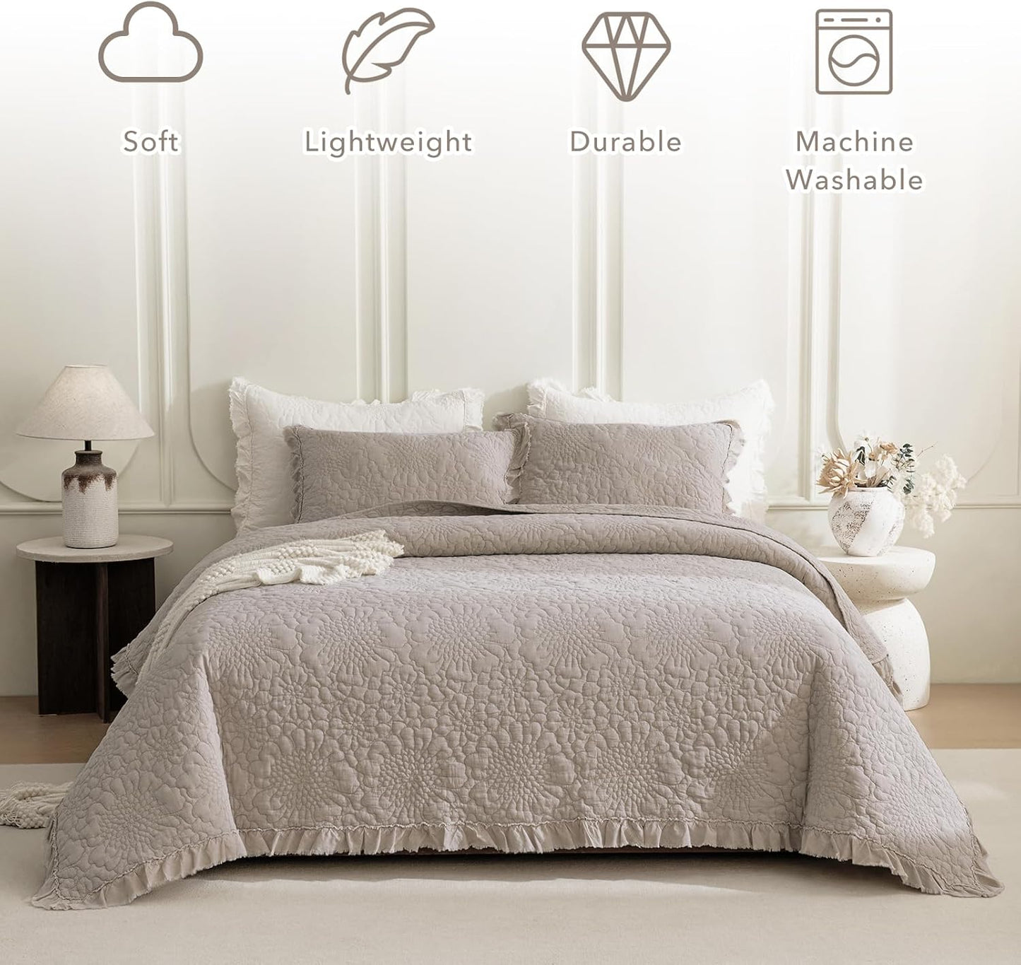 QSH 3PCs Stonewashed Cotton Quilt Queen Size (90"x98"),Linen Feel Ruffled Quilt Set,Ultra Soft Lightweight Crinkled Bedspread Coverlet Queen Shabby Farmhouse Chic Bedspreads Set with Pillow Shams