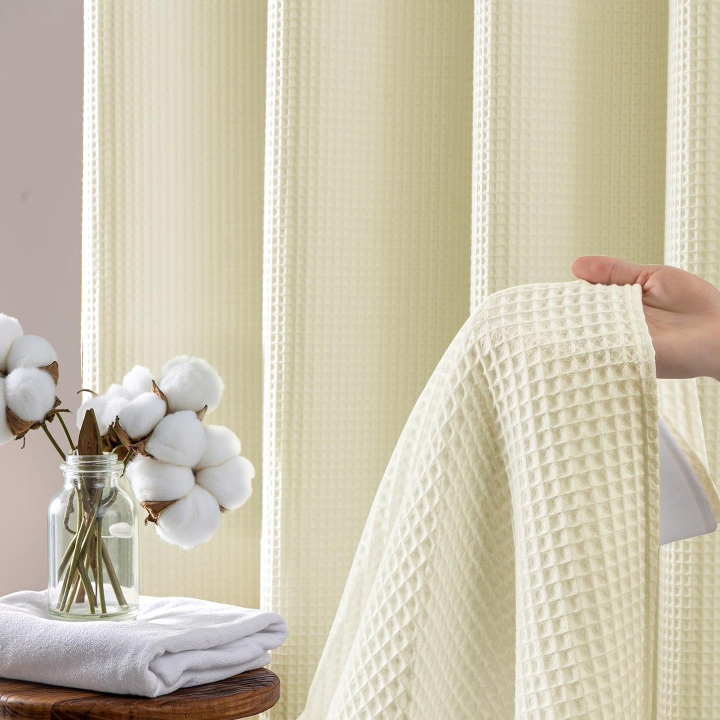 River Dream Cream Fabric Shower Curtain Set, Cotton Blend, Waffle Weave, with Snap in Replacement Liner，71 x 86 inches
