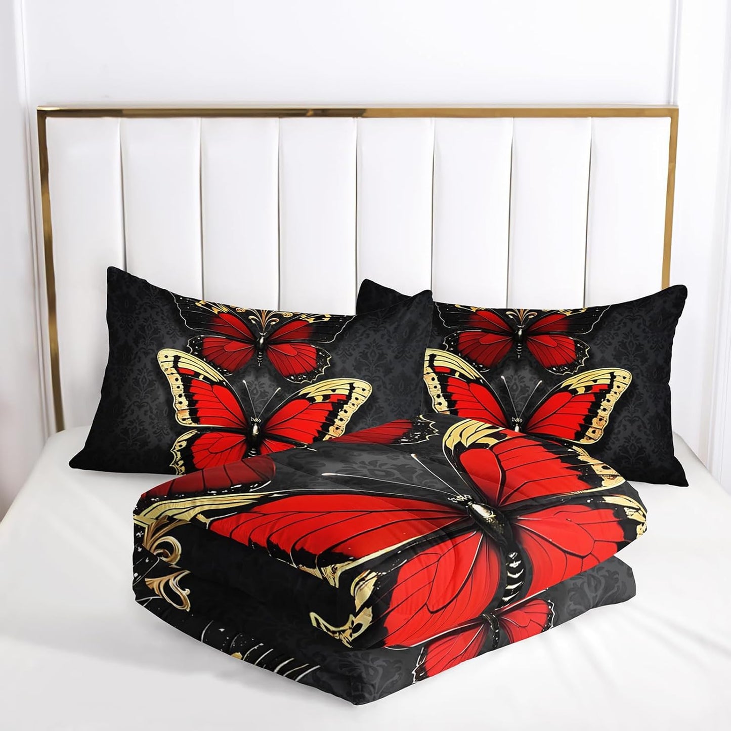 Red and Gold Butterfly Comforter Sets King Size Bed Set，Gothic King Size Bedding Set，with 1 Comforter with 2 Pillow Case，Butterfly Themed Bedroom Decor