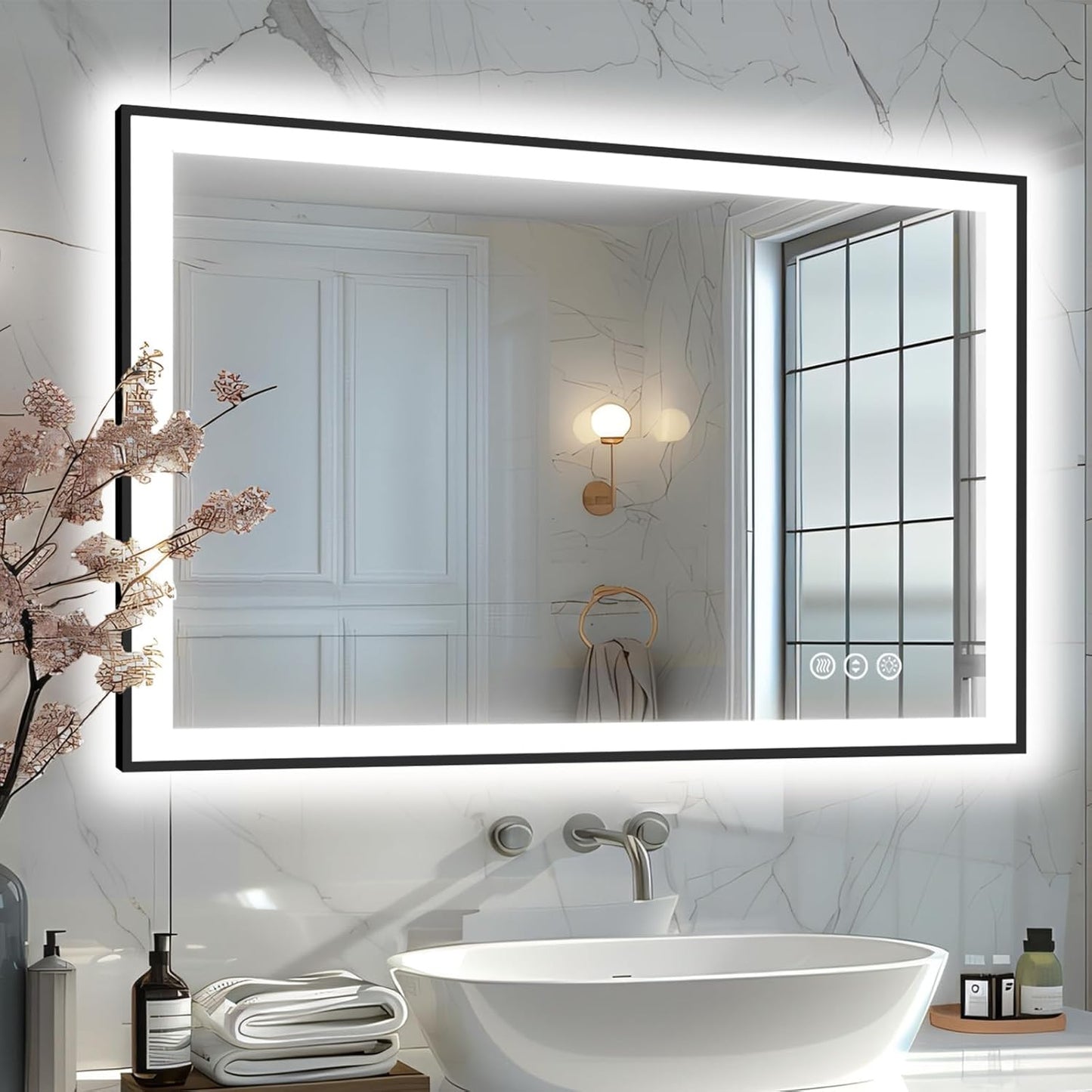 48x36 LED Bathroom Mirror, Modern Rectanglar Matte Black Frame, 3 Colors Changeable, Front and Backlit, Makeup Vanity Mirror with Lights, Anti-Fog, Shatter-Proof, Memory (Horizontal/Vertical)
