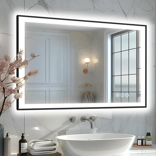 48x36 LED Bathroom Mirror, Modern Rectanglar Matte Black Frame, 3 Colors Changeable, Front and Backlit, Makeup Vanity Mirror with Lights, Anti-Fog, Shatter-Proof, Memory (Horizontal/Vertical)