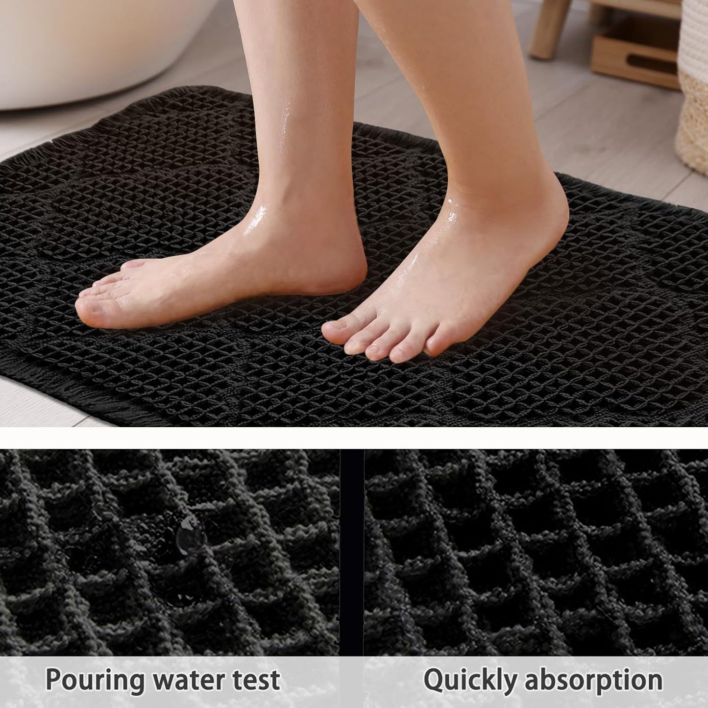 ZALL Black Waffle Bath Mat,Super Absorbent Non Slip Bathroom Rug,18x30inch, Geometric Diamond Machine Washable Ultra Soft Floor Mats