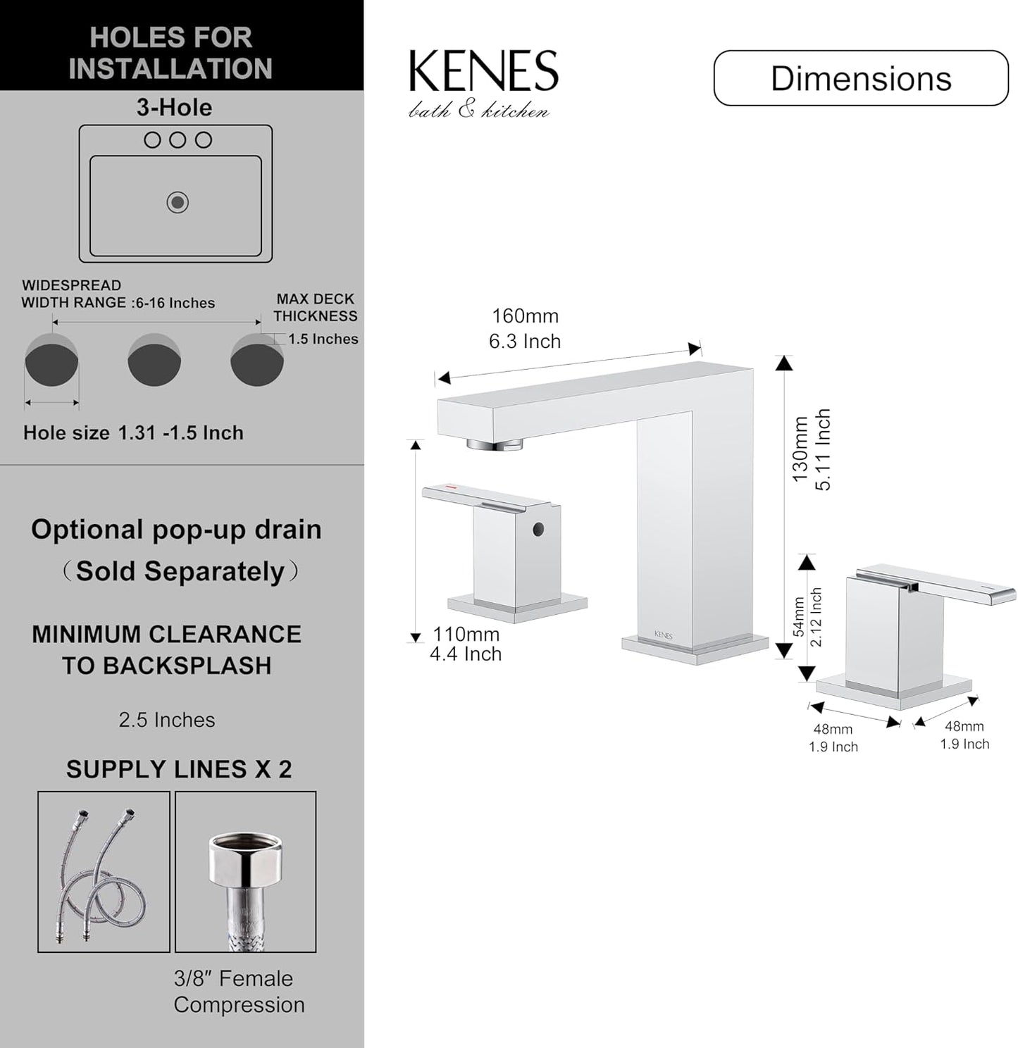 KENES Chrome Widespread Bathroom Faucet Two Handle Bathroom Sink Faucet, 8-Inch 3 Pieces Bathroom Vanity Faucet 3 Hole with Supply Lines, KE-9050-5