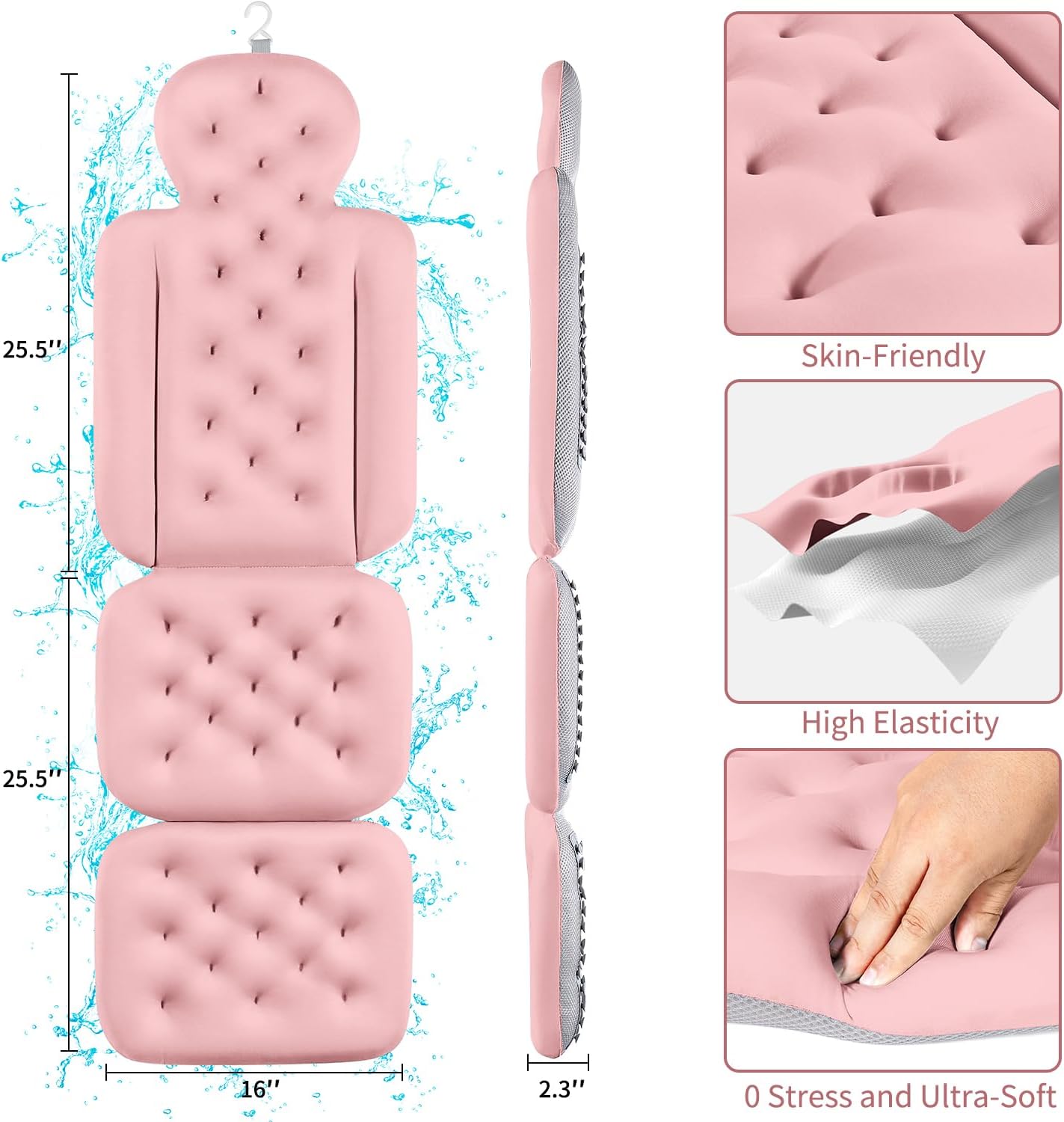Luxury Bath Cushion, Full Body Bathtub Pillow with 160 Suction Cups, Bath Mat for Head and Neck Support, with Laundry Bag (Light Pink, 51.2" x 16.2")