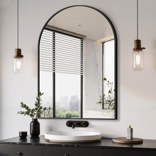 Delma Arched Bathroom Mirror, 28"x40" Wall Mounted Vanity Mirror for Bedroom, Living Room and Entryway, Black
