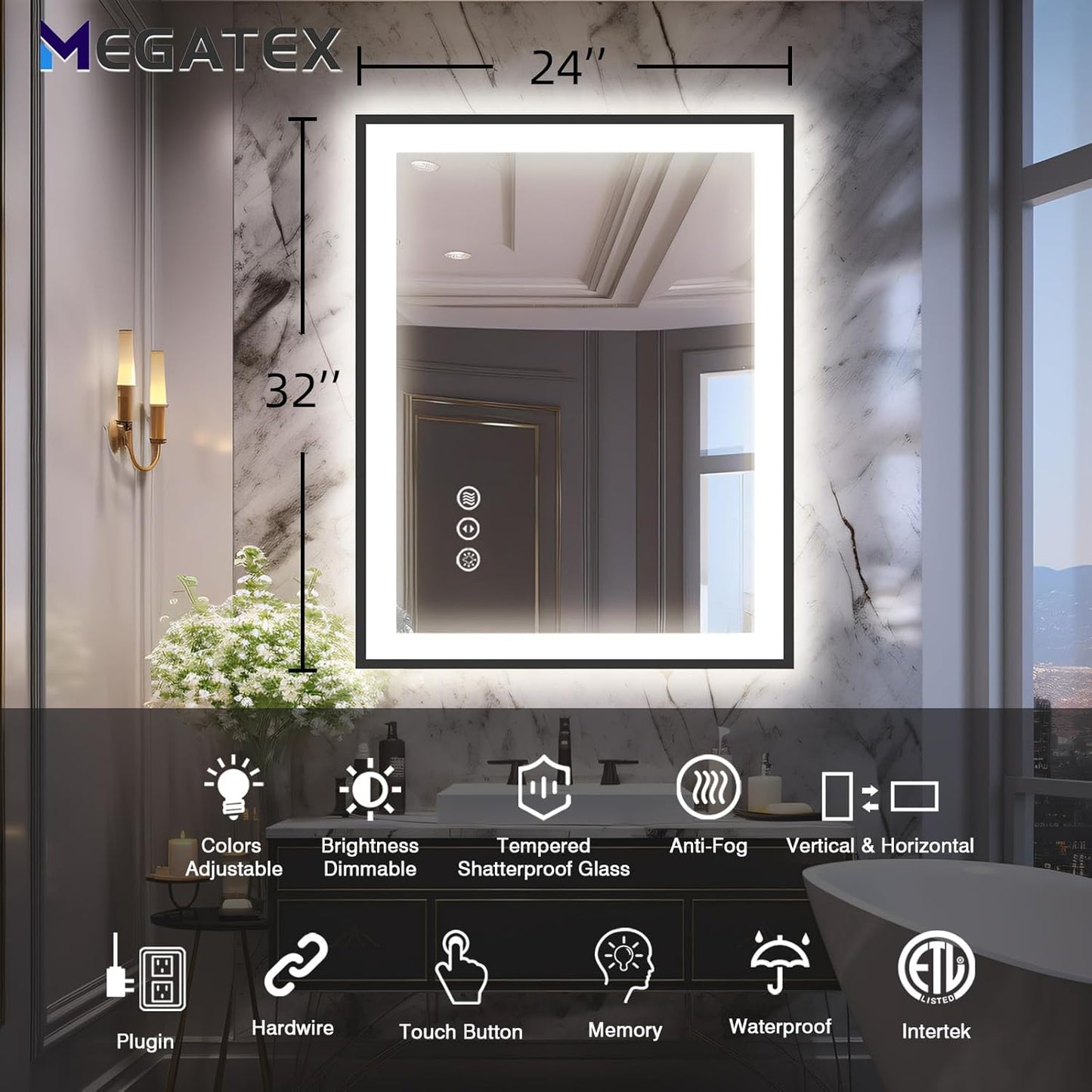 24x32 LED Bathroom Mirror, Black Aluminum Framed, Backlit + Front-Lit, 3 Colors Temperature Changeable, Dimmable Vanity Mirror, Tempered Glass, Defog, Waterproof, Memory (Horizontal/Vertical)