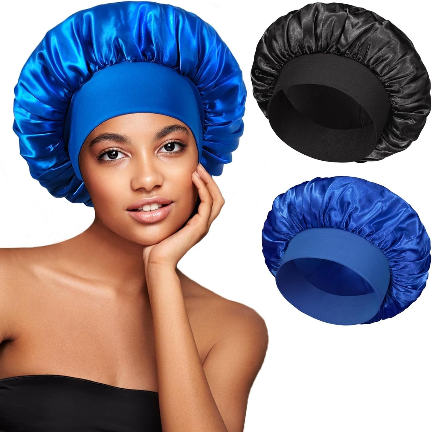 2pcs Satin Bonnets for Women, Silk Hair Bonnet for Sleeping, Wide Soft Band Large Silky Sleep Cap for Curly Hair Braids