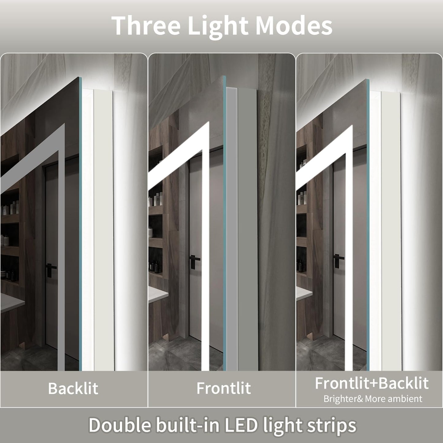 LED Mirror for Bathroom, 55x36 Inch Backlit + Front Lighted Bathroom Vanity Mirror with Lights, Double Light Strips, 3 Colors, Shatter-Proof, Anti-Fog and Brightness Memory