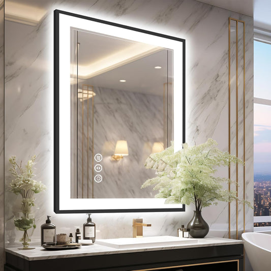28x36 Lighted Bathroom Mirror, Wall-Mounted, Black Rim Mirror, Vanity(Front and Backlit), Stepless Dimmable CRI90+, Anti-Corrosion, Anti-Rust, Touch Sense, Memory(Horizontal/Vertical)
