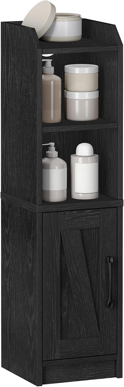 Bathroom Storage Cabinet, Small Farmhouse Corner Floor Cabinet with Door and Shelves, Narrow Toilet Paper Holder Stand, Bathroom Organizer with Adjustable Shelf, for Small Spaces, Black