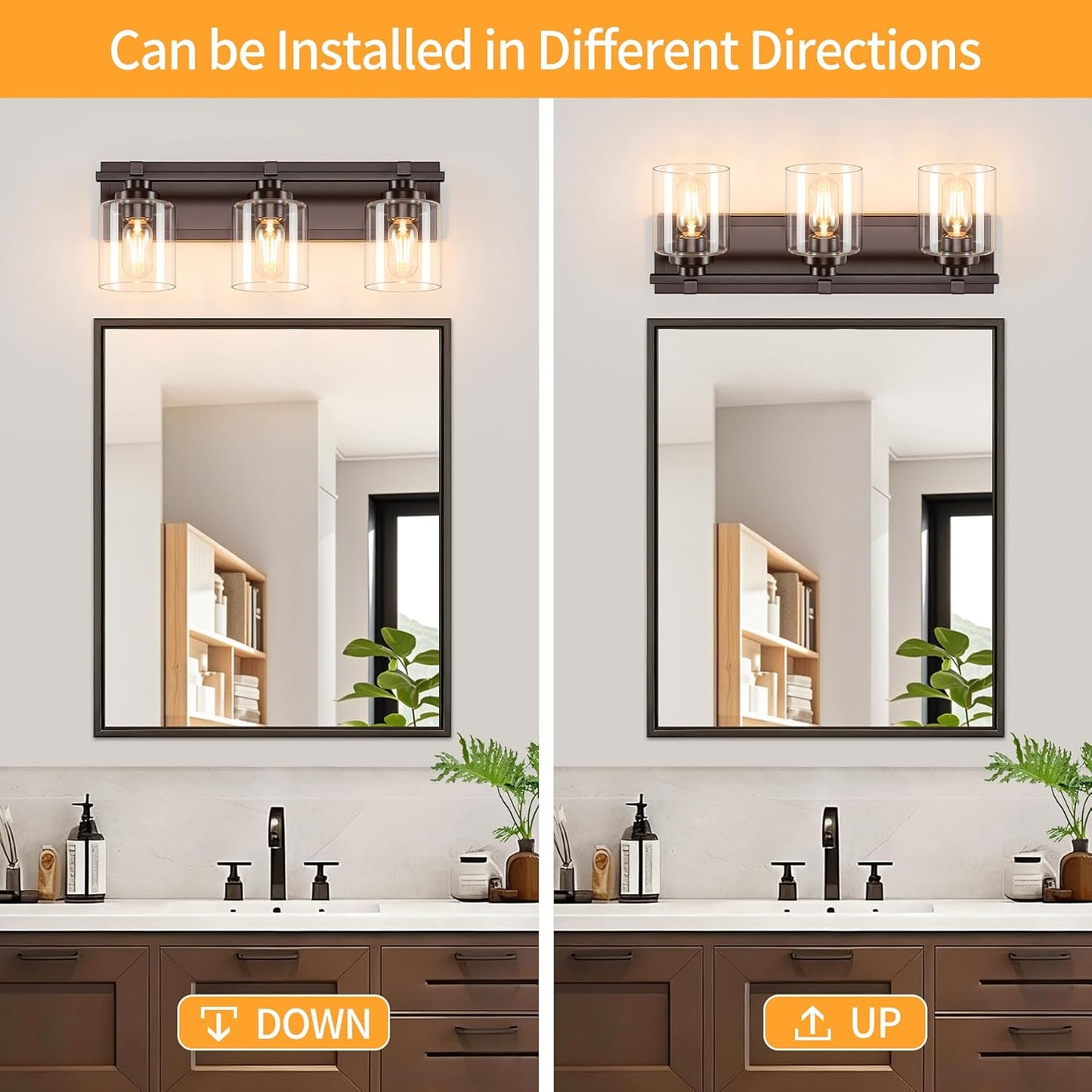 3 Light Modern Bathroom Light Fixtures Over Mirror, Bronze Finish Vanity Lights for Bathroom Wall Sconces with Clear Glass Shades, E26 Socket (Bulbs Not Included)