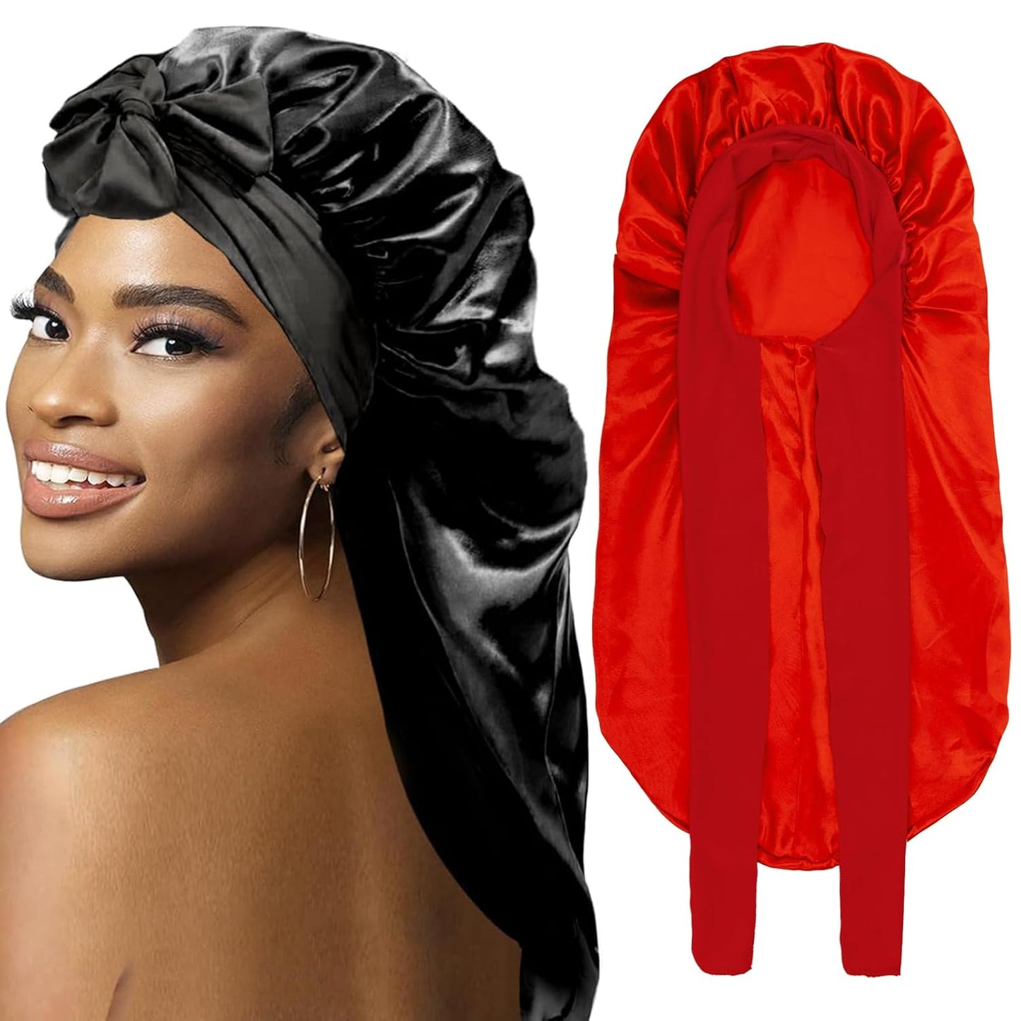 2Pcs Bonnets for Black Women Braid Bonnet, Large Long Satin Bonnet for Braids, Silk Bonnet with Stretchy Tie Band Sleep Cap Hair (2Pcs-Black&Red)
