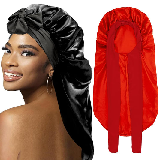2Pcs Bonnets for Black Women Braid Bonnet, Large Long Satin Bonnet for Braids, Silk Bonnet with Stretchy Tie Band Sleep Cap Hair (2Pcs-Black&Red)