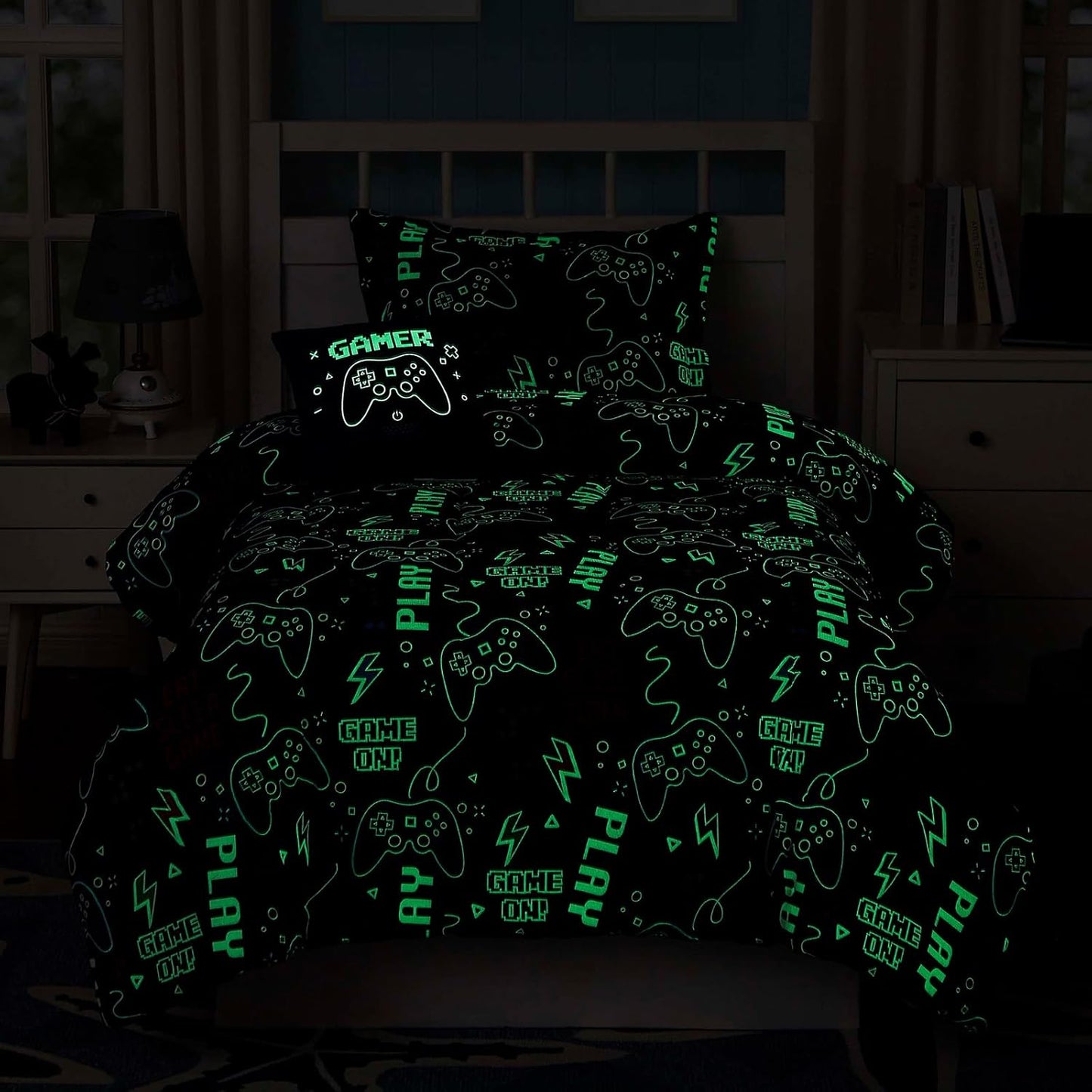 Full Size Comforter Set for Boys-4 Pieces Gamer Glow in The Dark Full Bedding Sets for Kids, 1 Comforter, 2 Shams and 1 Decor Pillow