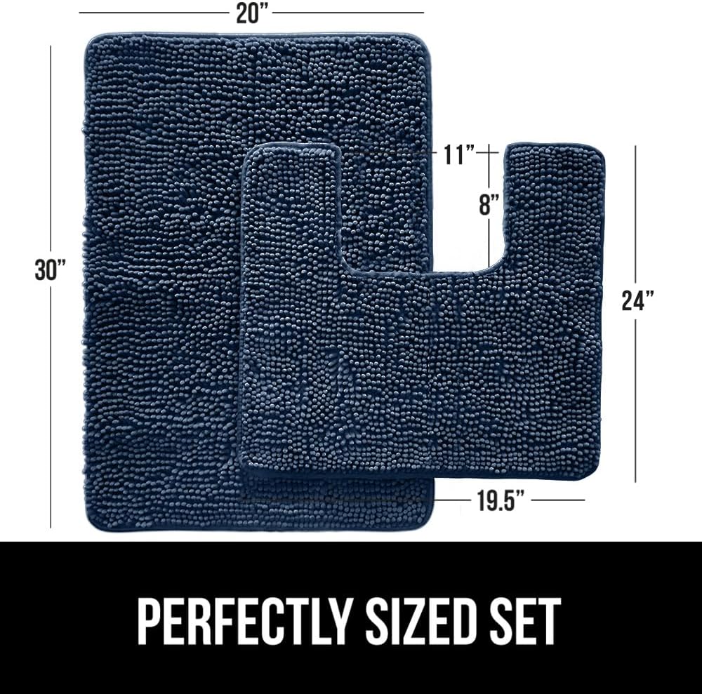 GORILLA GRIP Bathroom Rug Sets, Soft Chenille 2 Piece Area Rugs Set, Toilet Base Mat and 30x20 Carpet, Absorbent Microfiber Washable Mats Dry Quickly, Home Décor and Bath Room Accessories, Navy Blue