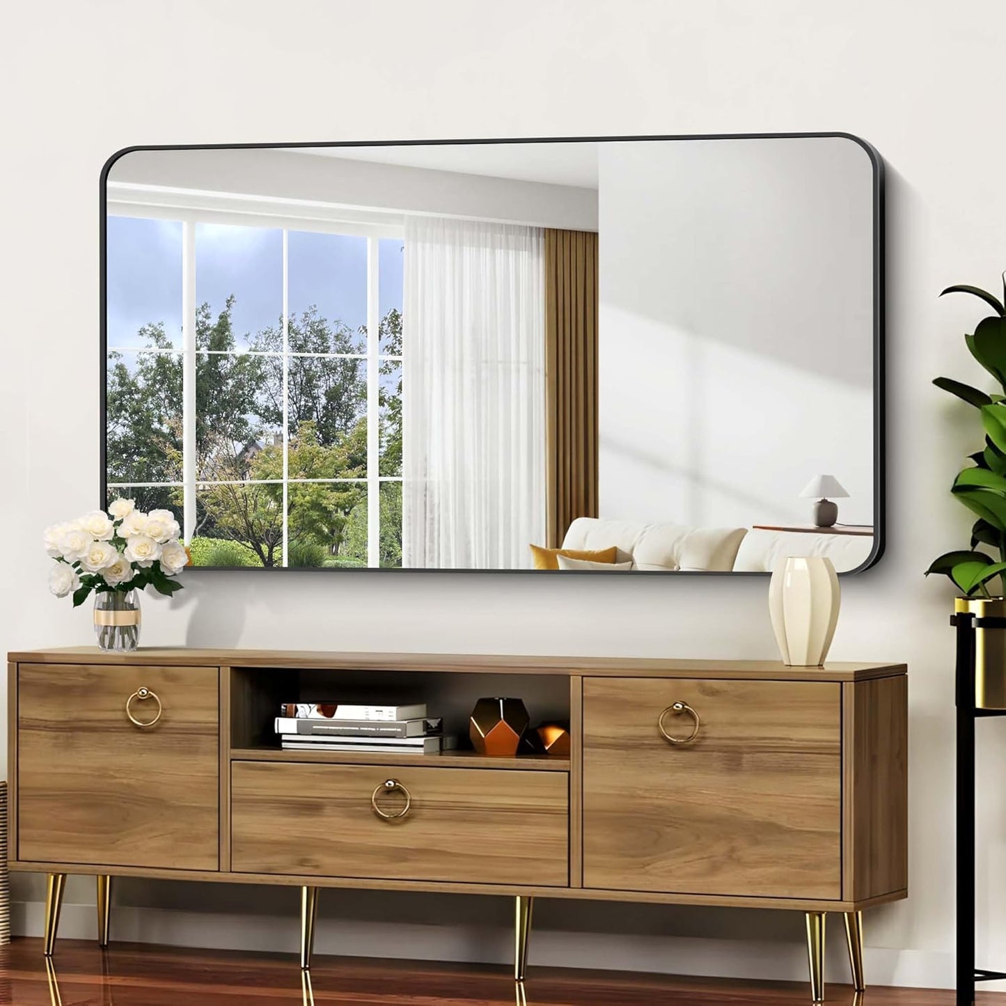 Bathroom Mirror, 30"x55" Black Rectangle Wall Mirror, Metal Frame Rounded Corner Vanity Mirror, Large Wall Mounted Mirror for Modern Bedroom Living Room Horizontal Or Vertical Mounting