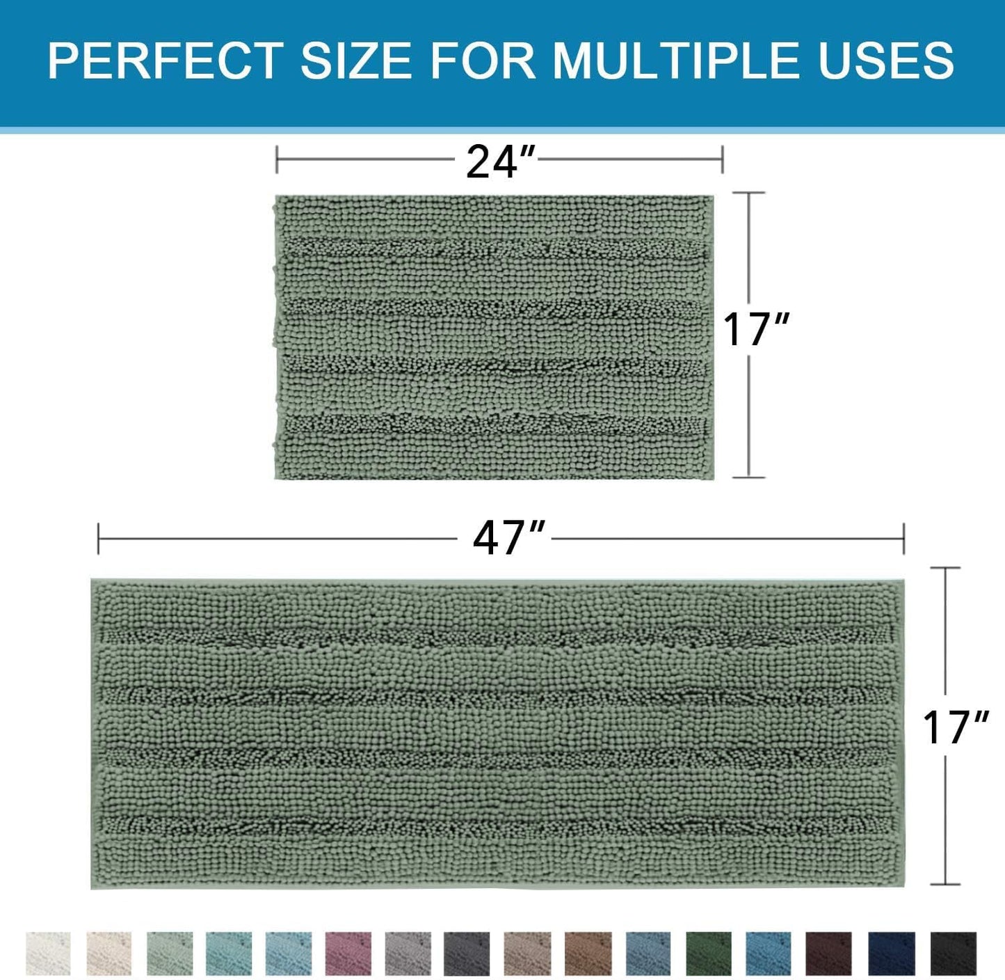 H.VERSAILTEX 2 Piece Bathroom Rugs Bath Mats Sets Super Absorbent Chenille Striped Bath Mats Non Skid Machine Wash Dry Rugs for Bathroom Floor (Green Bay, 47 x 17 Plus 17 x 24 - Inches)